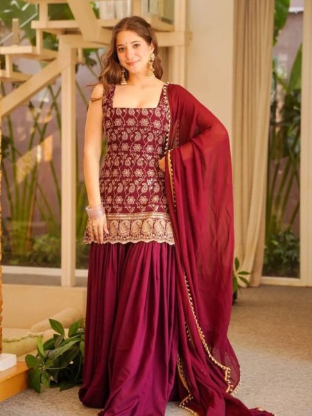Delightful Maroon Georgette Sharara Plazzo Set Using Embroidery Work  