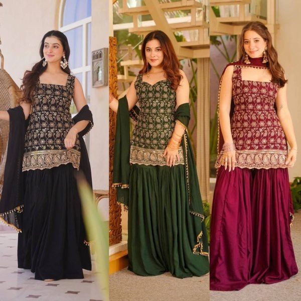 Delightful Maroon Georgette Sharara Plazzo Set Using Embroidery Work  Ready To Wear Collection