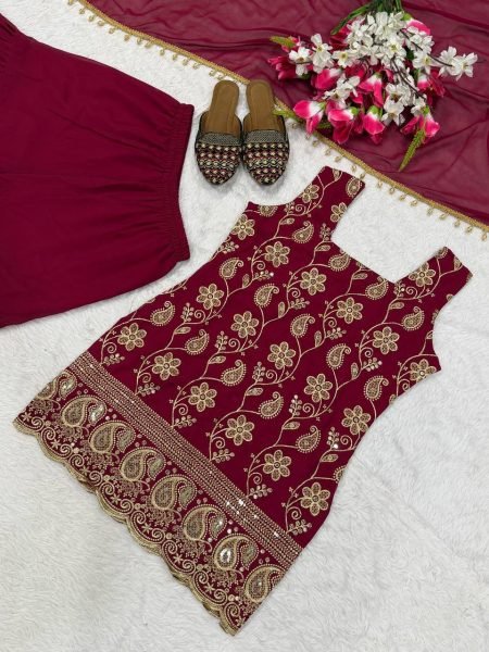 Delightful Maroon Georgette Sharara Plazzo Set Using Embroidery Work  Ready To Wear Collection