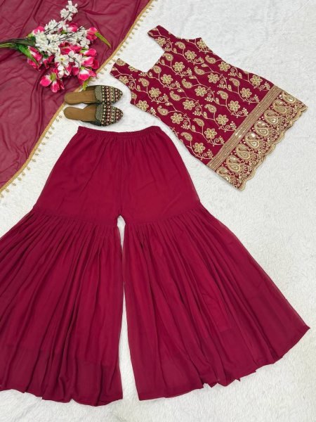 Delightful Maroon Georgette Sharara Plazzo Set Using Embroidery Work  Ready To Wear Collection