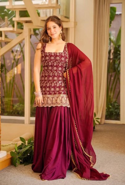 Delightful Maroon Georgette Sharara Plazzo Set Using Embroidery Work  Ready To Wear Collection