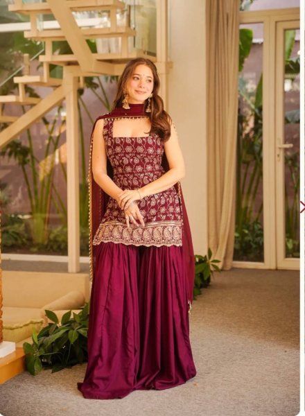 Delightful Maroon Georgette Sharara Plazzo Set Using Embroidery Work  Ready To Wear Collection