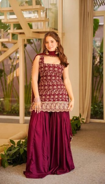 Delightful Maroon Georgette Sharara Plazzo Set Using Embroidery Work  Ready To Wear Collection