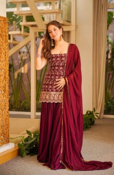 Delightful Maroon Georgette Sharara Plazzo Set Using Embroidery Work  Ready To Wear Collection