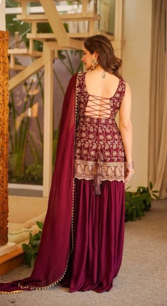 Delightful Maroon Georgette Sharara Plazzo Set Using Embroidery Work  Ready To Wear Collection
