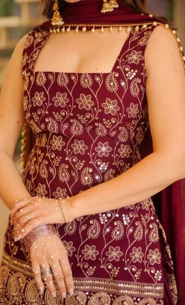 Delightful Maroon Georgette Sharara Plazzo Set Using Embroidery Work  Ready To Wear Collection