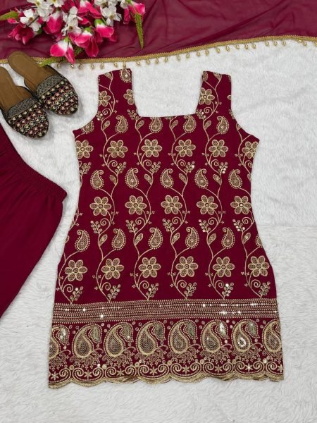 Delightful Maroon Georgette Sharara Plazzo Set Using Embroidery Work  Ready To Wear Collection
