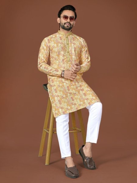 Delightful Mint Yellow Cotton Kurta with Fine Lucknowi Embroidery and Digital Print for Celebrations Kurta Pajama Wholesale