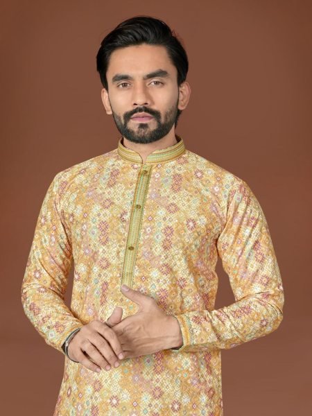 Delightful Mint Yellow Cotton Kurta with Fine Lucknowi Embroidery and Digital Print for Celebrations Kurta Pajama Wholesale