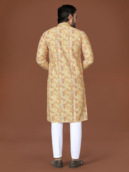 Delightful Mint Yellow Cotton Kurta with Fine Lucknowi Embroidery and Digital Print for Celebrations Kurta Pajama Wholesale