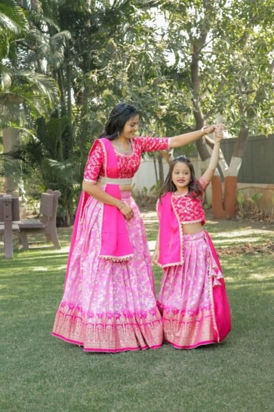 Delightful Mother Daughter Combo Pure Silk with Zari Weaving Half Saree Set Half Saree Lehenga
