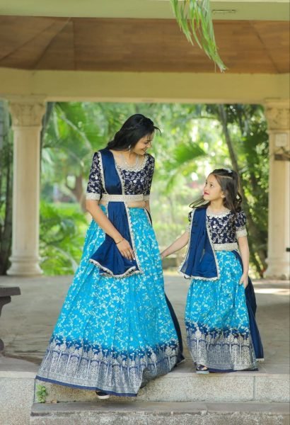 Delightful Mother Daughter Combo Pure Silk with Zari Weaving Half Saree Set Half Saree Lehenga