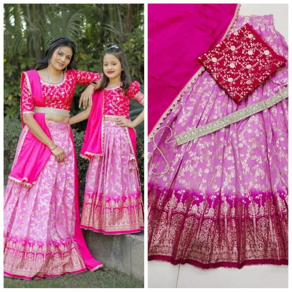 Delightful Mother Daughter Combo Pure Silk with Zari Weaving Half Saree Set Half Saree Lehenga