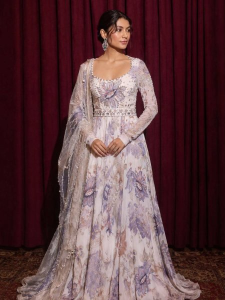 Delightful Multi White Georgette Digital Print Gown with Pearl Work And Dupatta For Party Wear Ready To Wear Suit