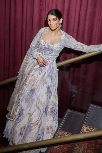 Delightful Multi White Georgette Digital Print Gown with Pearl Work And Dupatta For Party Wear Ready To Wear Collection
