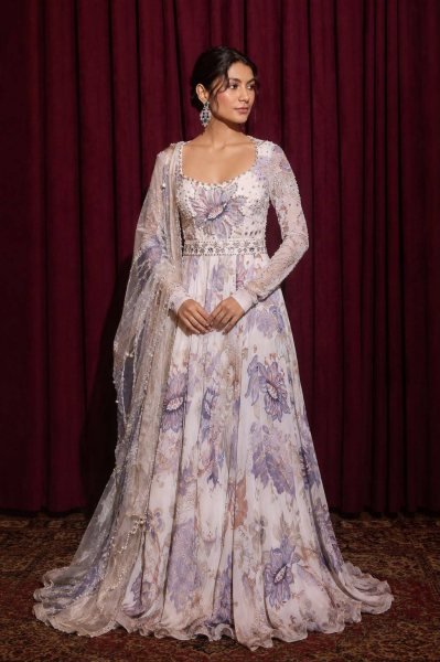 Delightful Multi White Georgette Digital Print Gown with Pearl Work And Dupatta For Party Wear Ready To Wear Collection