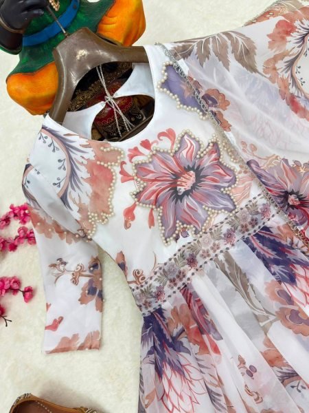 Delightful Multi White Georgette Digital Print Gown with Pearl Work And Dupatta For Party Wear Ready To Wear Collection