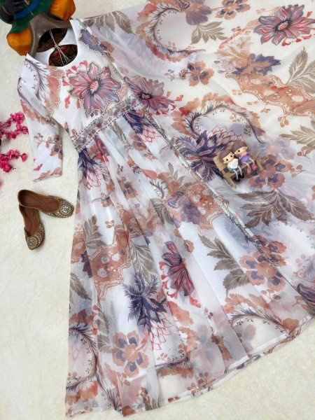 Delightful Multi White Georgette Digital Print Gown with Pearl Work And Dupatta For Party Wear Ready To Wear Collection