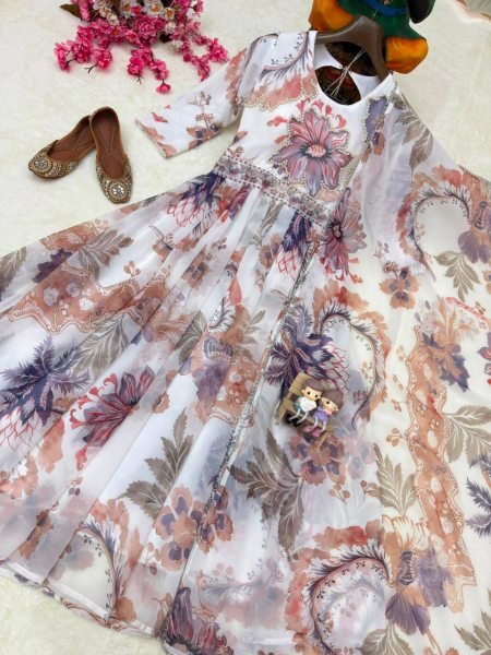 Delightful Multi White Georgette Digital Print Gown with Pearl Work And Dupatta For Party Wear Ready To Wear Collection