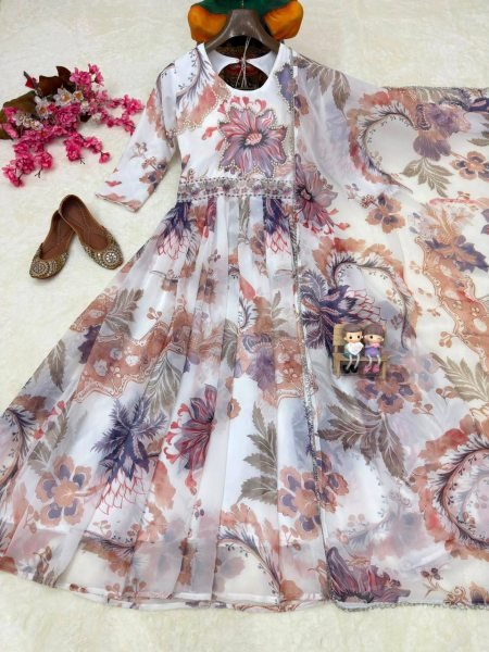Delightful Multi White Georgette Digital Print Gown with Pearl Work And Dupatta For Party Wear Ready To Wear Collection