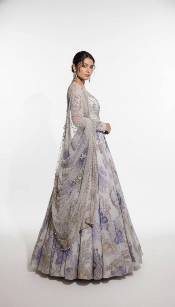 Delightful Multi White Georgette Digital Print Gown with Pearl Work And Dupatta For Party Wear Ready To Wear Collection