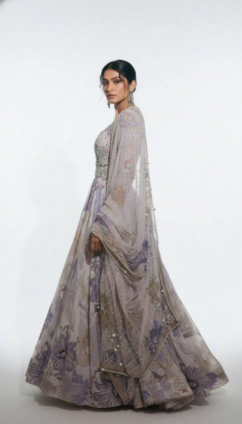 Delightful Multi White Georgette Digital Print Gown with Pearl Work And Dupatta For Party Wear Ready To Wear Collection