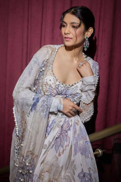 Delightful Multi White Georgette Digital Print Gown with Pearl Work And Dupatta For Party Wear Ready To Wear Collection