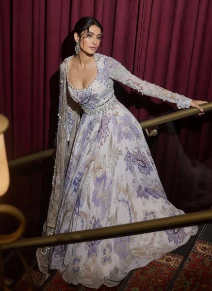 Delightful Multi White Georgette Digital Print Gown with Pearl Work And Dupatta For Party Wear Ready To Wear Collection
