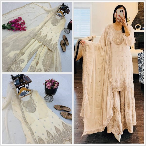 Delightful Off White Georgette Embroidery Suits Set With Sharara For Party Wear Ready To Wear Collection