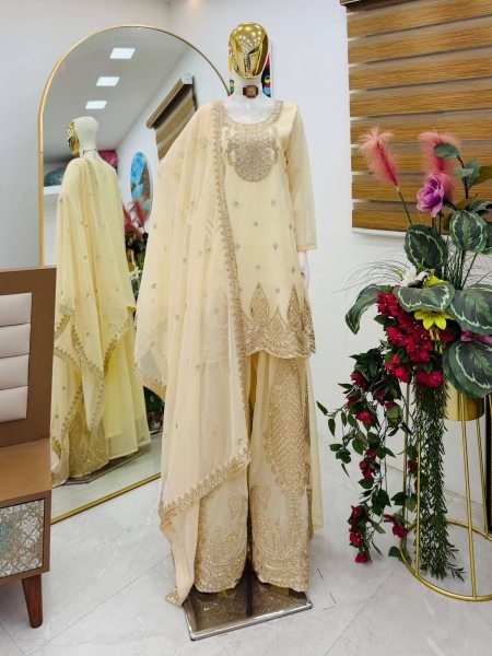Delightful Off White Georgette Embroidery Suits Set With Sharara For Party Wear Ready To Wear Collection