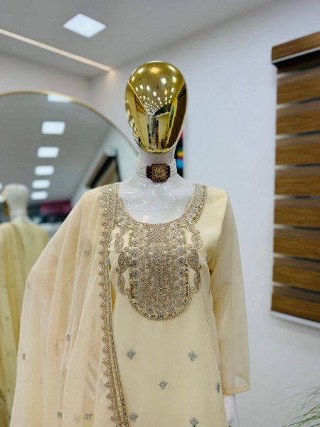 Delightful Off White Georgette Embroidery Suits Set With Sharara For Party Wear Ready To Wear Collection