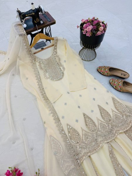 Delightful Off White Georgette Embroidery Suits Set With Sharara For Party Wear Ready To Wear Collection