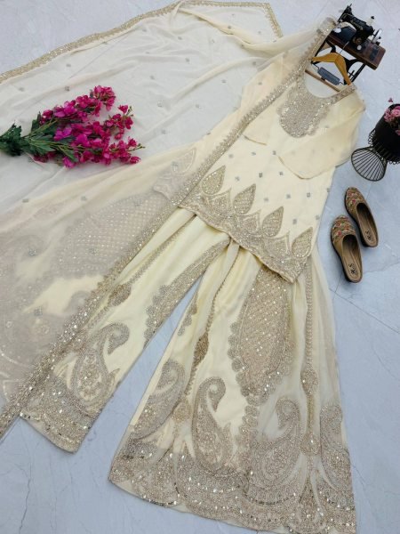 Delightful Off White Georgette Embroidery Suits Set With Sharara For Party Wear Ready To Wear Collection
