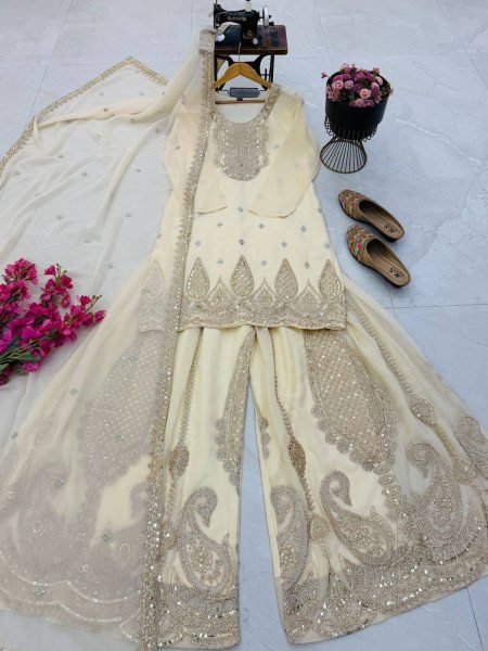 Delightful Off White Georgette Embroidery Suits Set With Sharara For Party Wear Ready To Wear Collection
