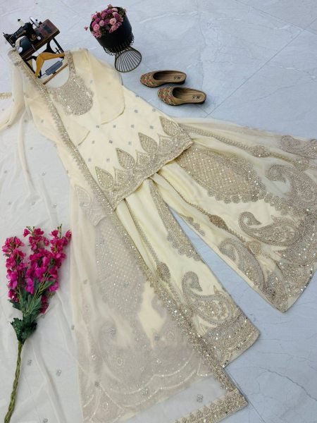 Delightful Off White Georgette Embroidery Suits Set With Sharara For Party Wear Ready To Wear Collection