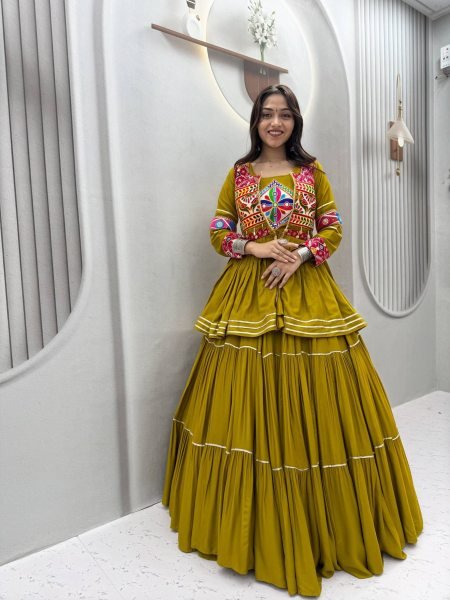 Delightful Olive Green Navratri Gamthi Work Lehenga Choli with Cotton Koti   Lehenga