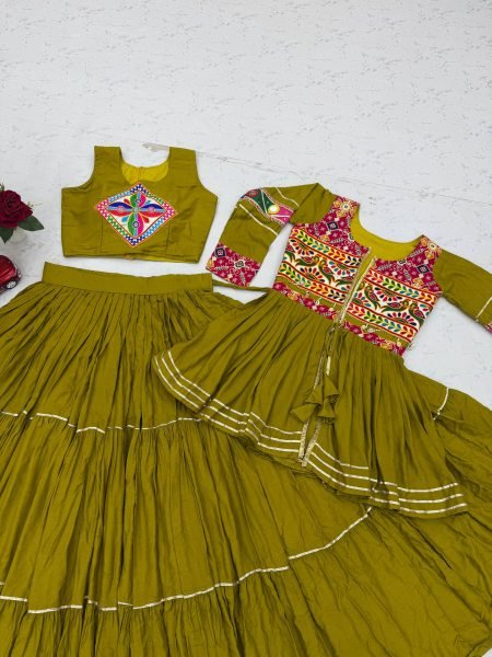 Delightful Olive Green Navratri Gamthi Work Lehenga Choli with Cotton Koti  Navratri Lehnega Choli