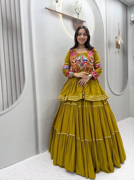 Delightful Olive Green Navratri Gamthi Work Lehenga Choli with Cotton Koti  Navratri Lehnega Choli