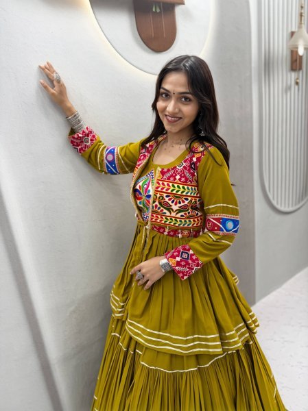 Delightful Olive Green Navratri Gamthi Work Lehenga Choli with Cotton Koti  Navratri Lehnega Choli