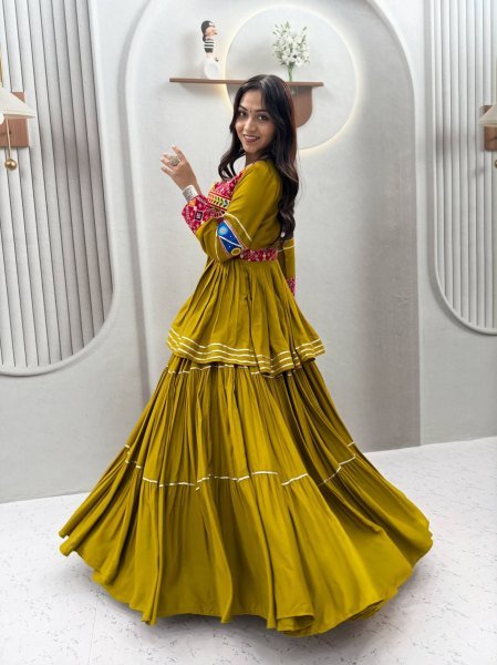 Delightful Olive Green Navratri Gamthi Work Lehenga Choli with Cotton Koti  Navratri Lehnega Choli