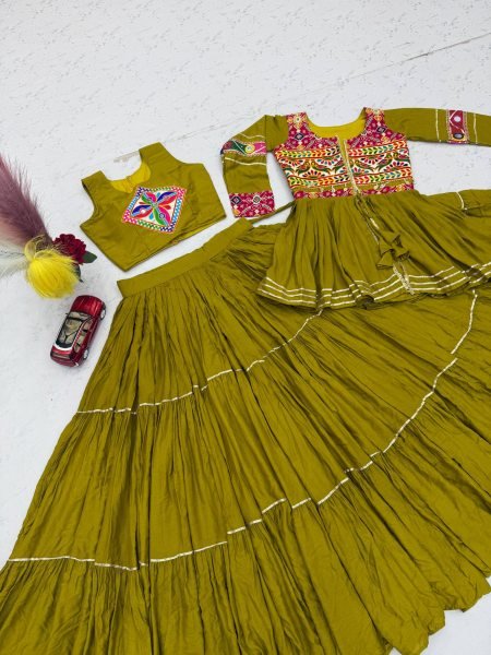 Delightful Olive Green Navratri Gamthi Work Lehenga Choli with Cotton Koti  Navratri Lehnega Choli