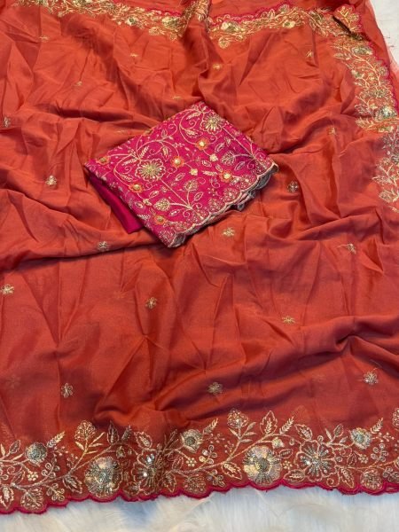 Delightful Orange Best Selling Georgette Saree for Wedding and Festive Wear Georgette Sarees Wholesale