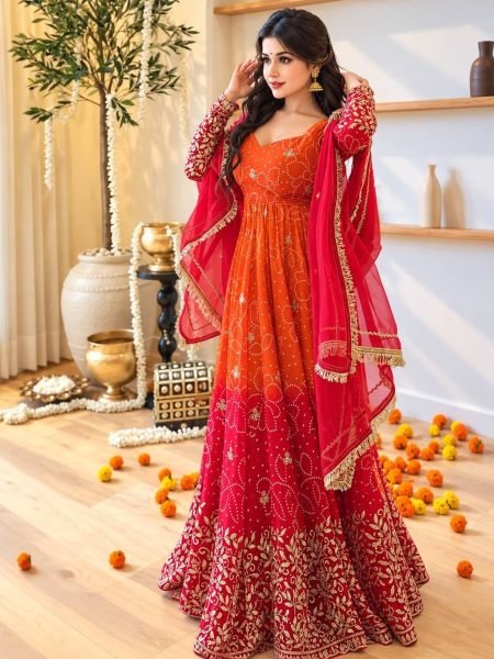 Delightful Orange Ready to Wear Faux Georgette Kurti Pant Dupatta Set for Women Ready To Wear Suit