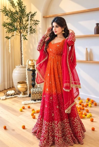 Delightful Orange Ready to Wear Faux Georgette Kurti Pant Dupatta Set for Women Ready To Wear Collection