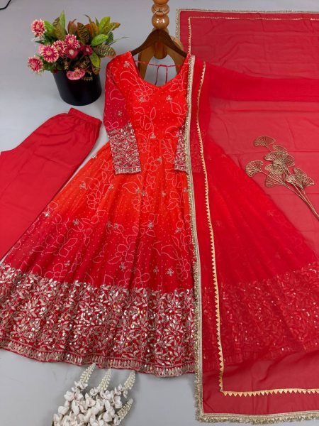 Delightful Orange Ready to Wear Faux Georgette Kurti Pant Dupatta Set for Women Ready To Wear Collection