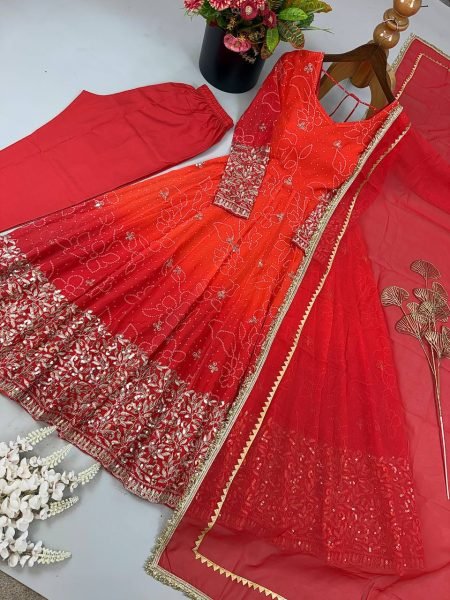 Delightful Orange Ready to Wear Faux Georgette Kurti Pant Dupatta Set for Women Ready To Wear Collection