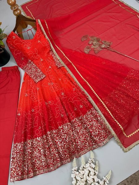 Delightful Orange Ready to Wear Faux Georgette Kurti Pant Dupatta Set for Women Ready To Wear Collection