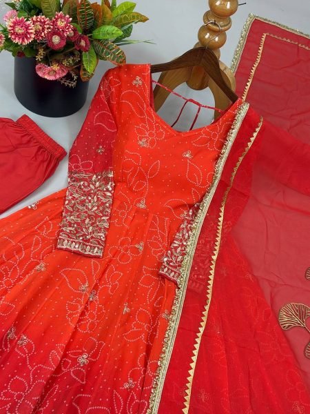 Delightful Orange Ready to Wear Faux Georgette Kurti Pant Dupatta Set for Women Ready To Wear Collection