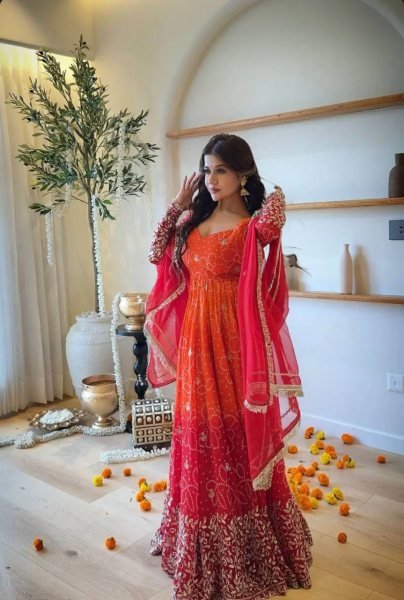 Delightful Orange Ready to Wear Faux Georgette Kurti Pant Dupatta Set for Women Ready To Wear Collection