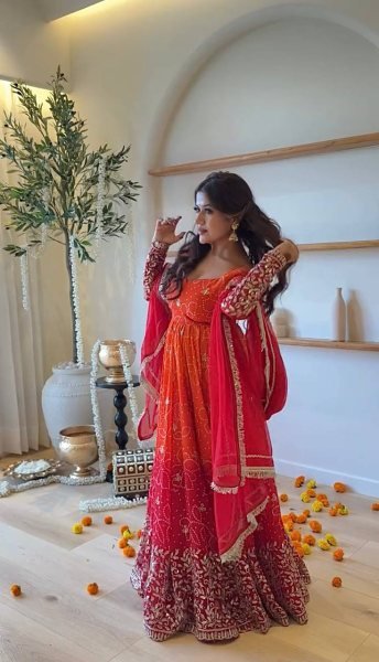 Delightful Orange Ready to Wear Faux Georgette Kurti Pant Dupatta Set for Women Ready To Wear Collection